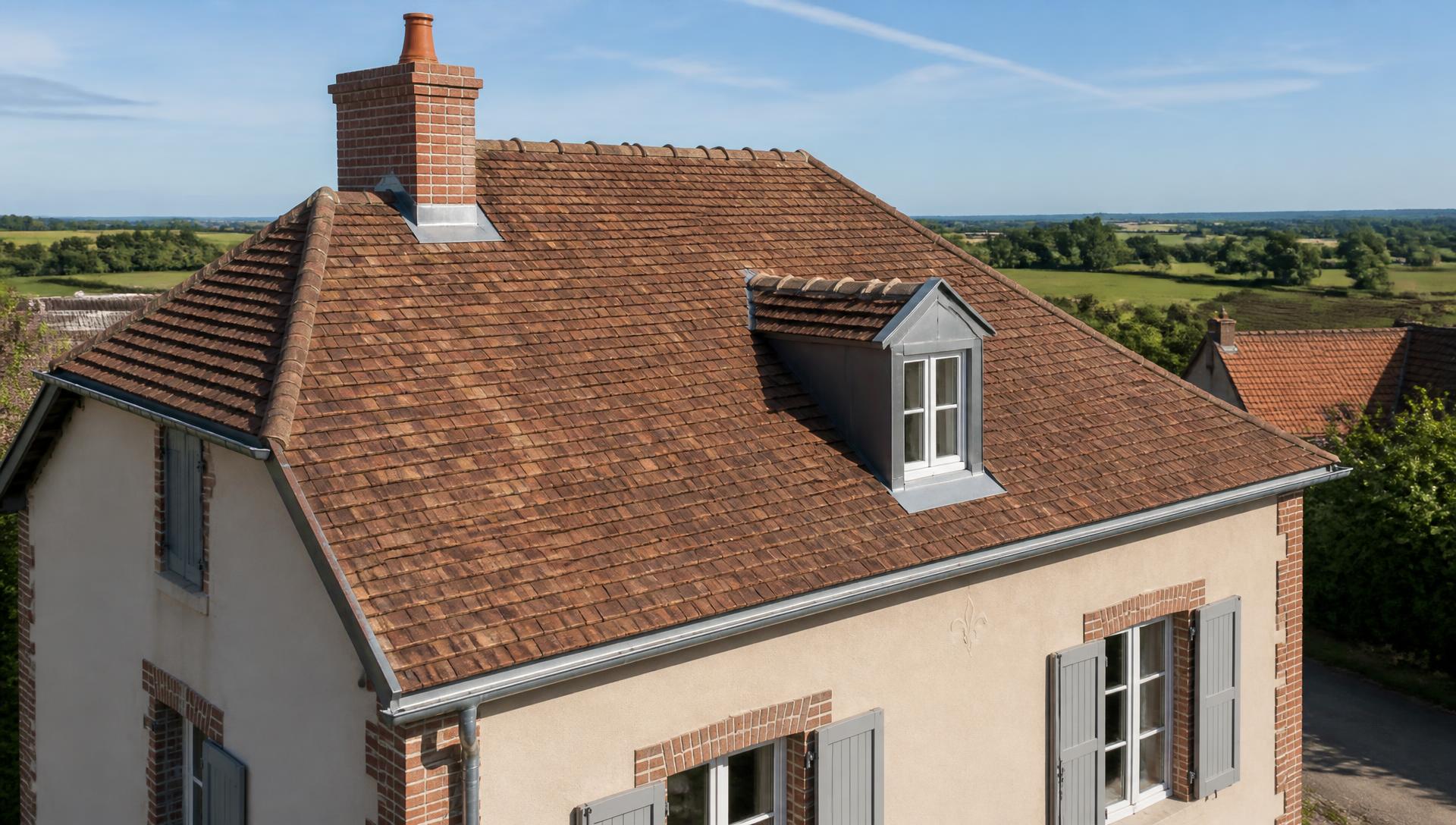 Toiture en petites tuiles plates de pays d'une maison du Gâtinais, dans le Loiret